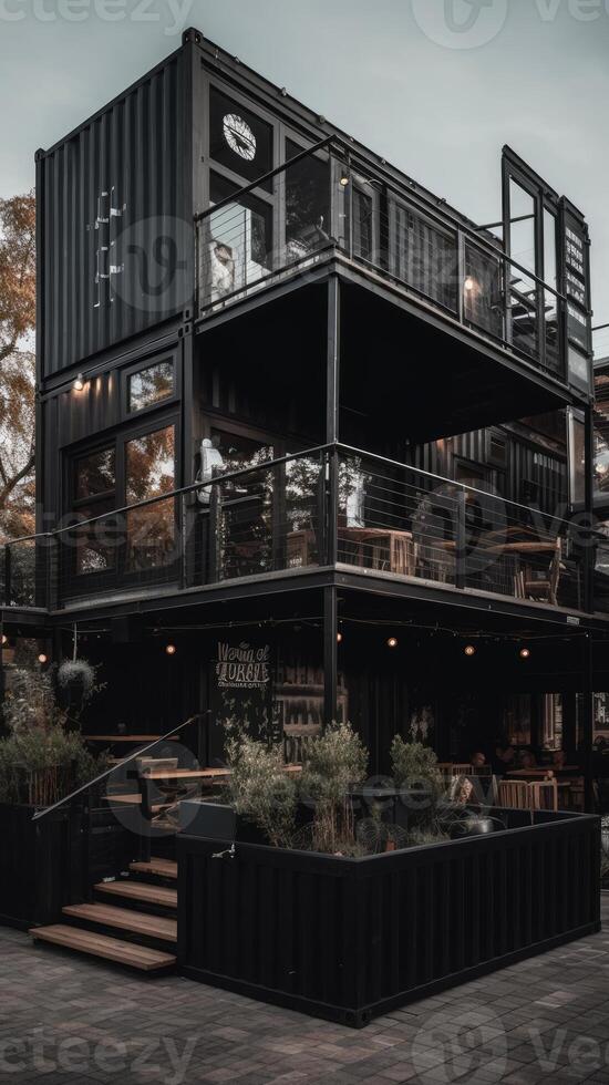 Photo of a restaurant built from black containers