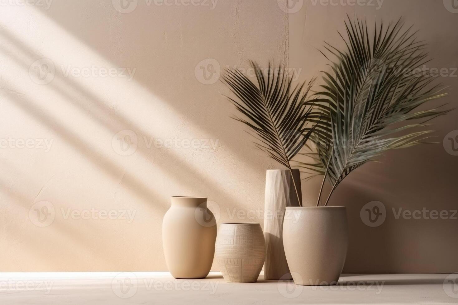 indoor view with pots and palm leaves photo