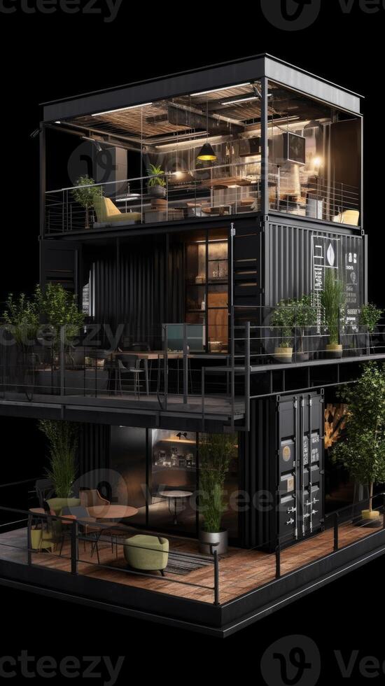 restaurant built from black containers on black background photo