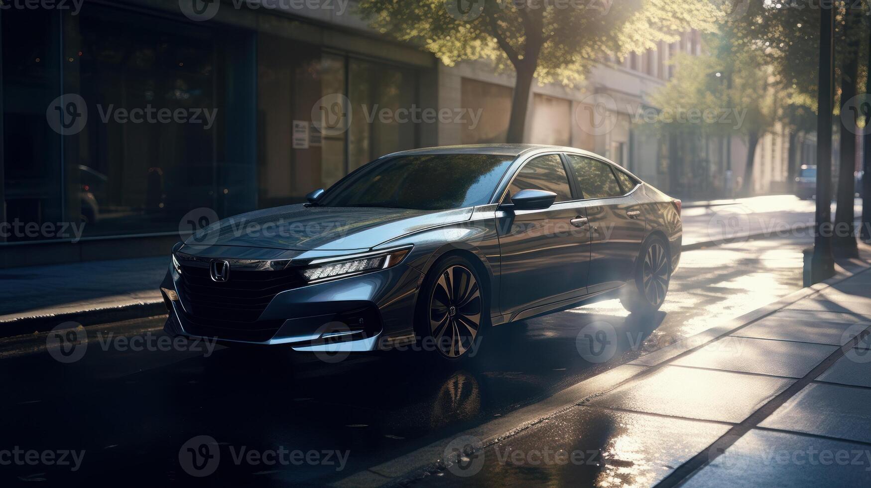 A beautiful dark color car on the road photo