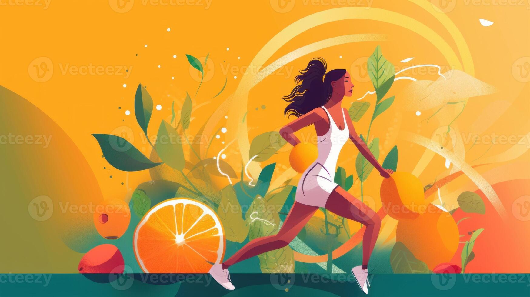 A girl running with fruit background illustration Art photo