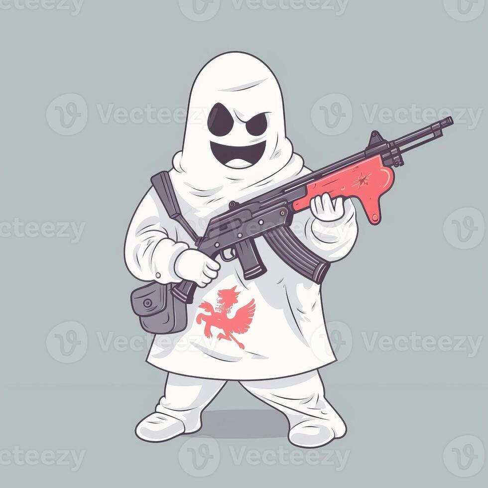 Sheet Ghost holding an AK47 on sky blue background photo