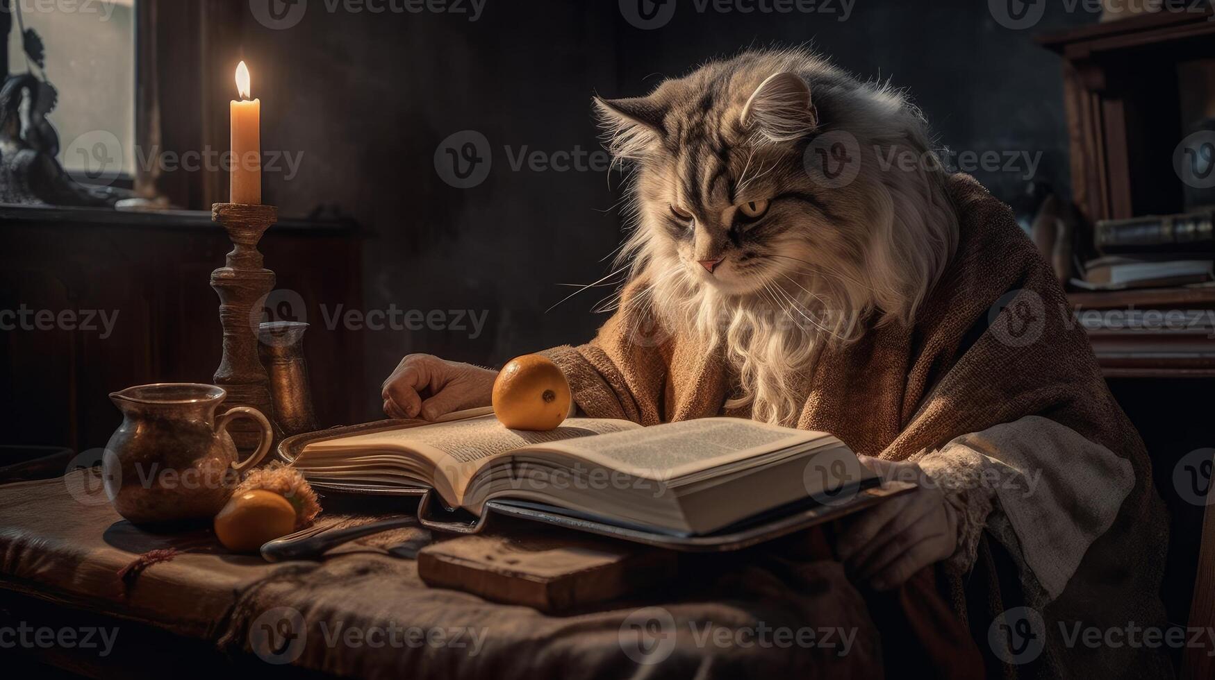 Anthropomorphic cat reading the book photo