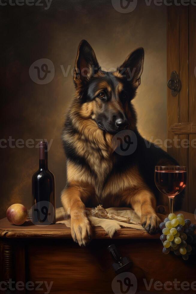 A dog with beer bottle and fruits oil painting photo