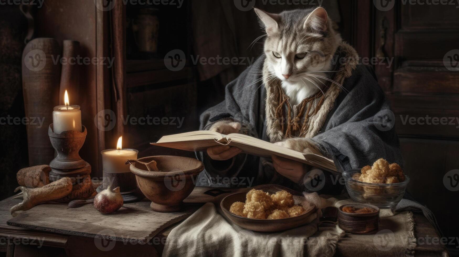 Anthropomorphic serious cat in a robe reading the book photo