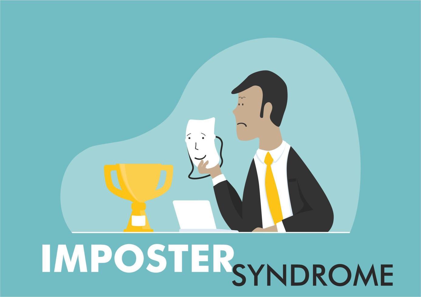 Imposter syndrome concept at work. Skilled specialist in depression holding a smiling face mask. Vector. vector