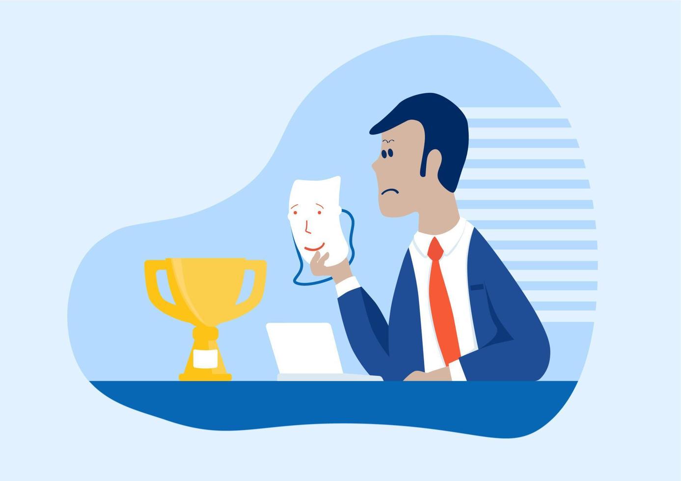 Imposter syndrome concept at work. Skilled specialist in depression holding a smiling face mask. Vector. vector