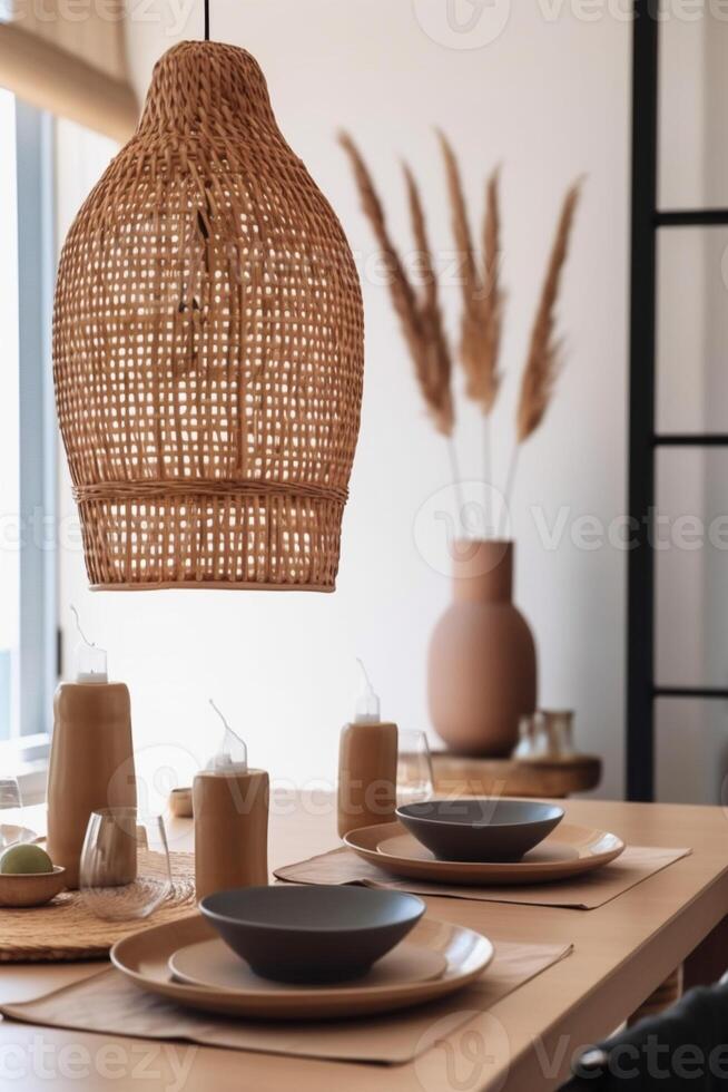 ai generado interior comida habitación ver con boho estético foto