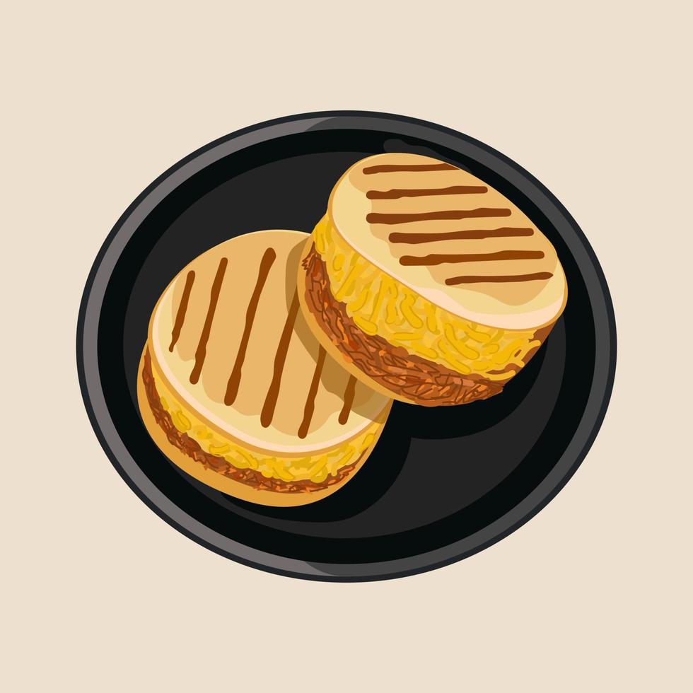 Arepa Catira with chicken and cheese. Traditional Colombian cuisine. Arepas with popular fillings. Vector food illustration. Latin American food on a black plate. White isolated background.