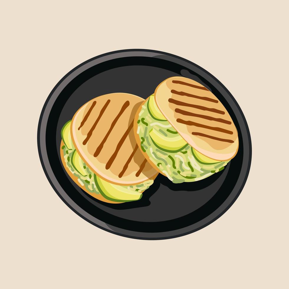 Arepas Reina Pepiada. Traditional Colombian cuisine. Arepa, a tortilla with avocado. Venezuelan fast food Arepa. Vector food illustration. Latin American food on a black plate.