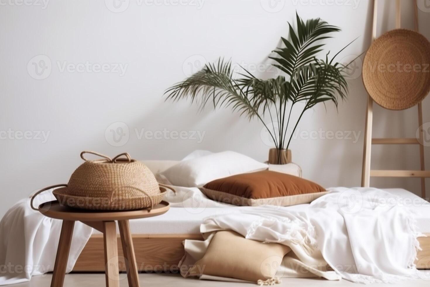 ai generado interior dormitorio ver con boho estético foto