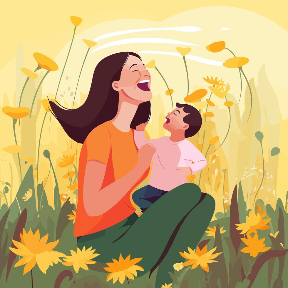 retrato de un hermosa joven madre riendo mientras participación en su piernas su pequeño niño cuales es riendo mientras cerrado ojos en un campo de flores ilustración vector