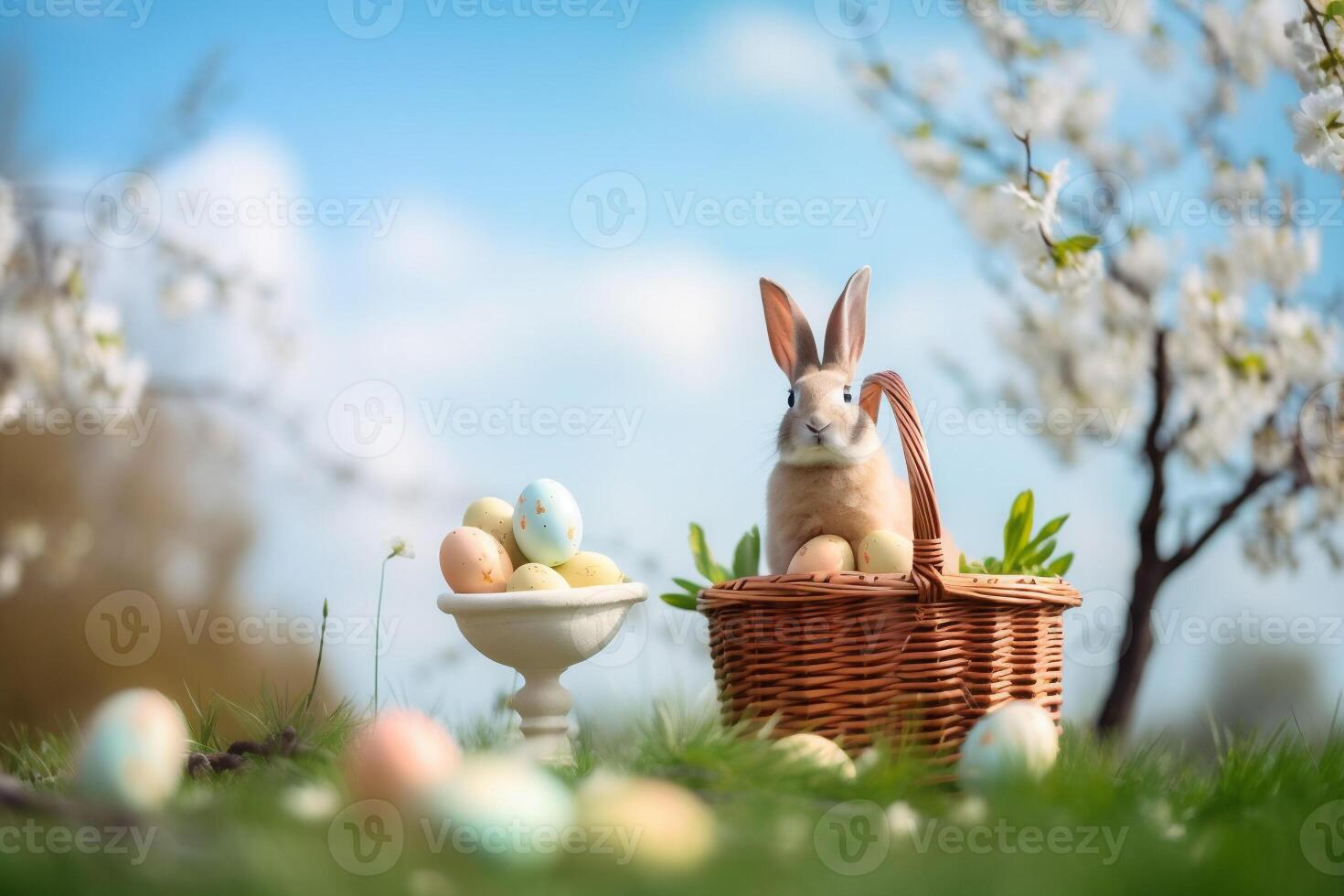 rabbit with basket and Easter eggs outdoors photo
