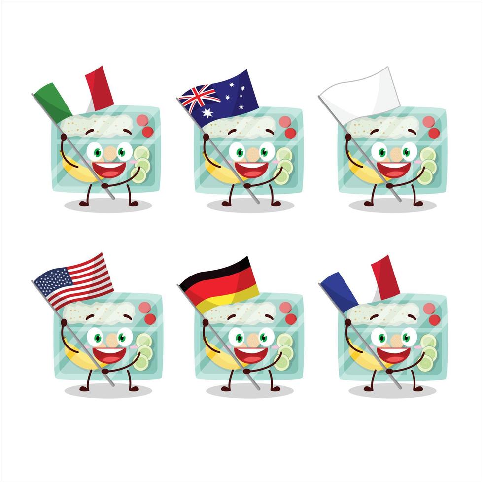 almuerzo caja dibujos animados personaje traer el banderas de varios países vector
