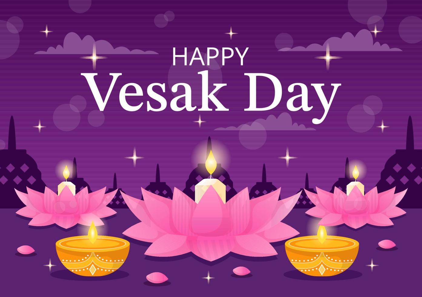 Vesak Day Celebration Vector Illustration with Temple Silhouette, Lotus Flower, Lantern or Buddha Person in Flat Cartoon Hand Drawn Templates