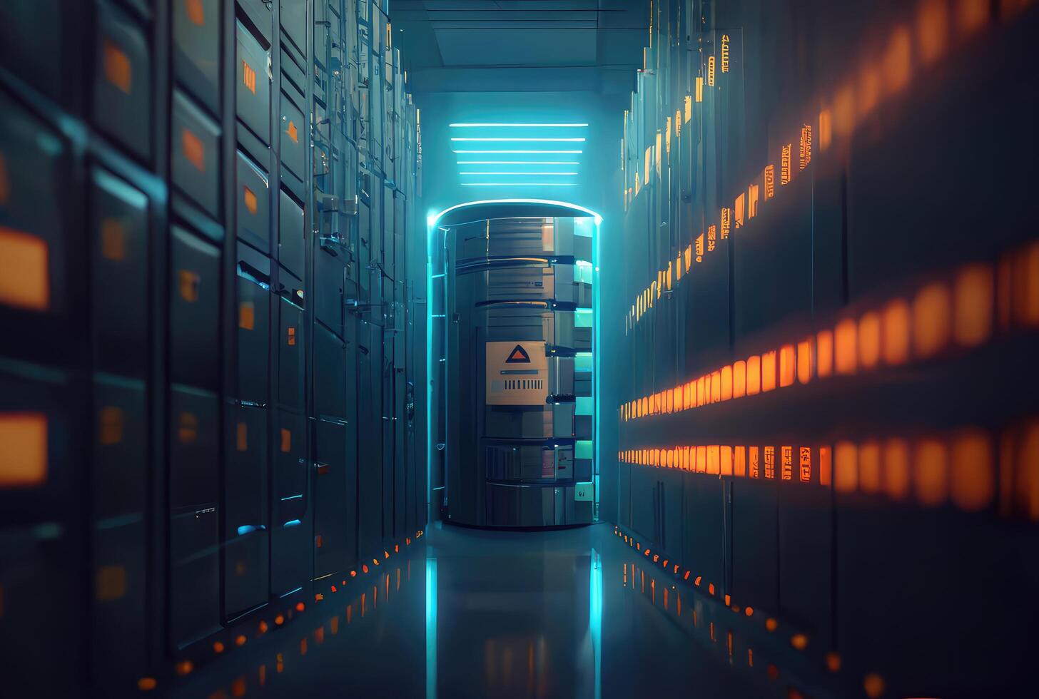 Hi-tech data storage server hallway, cloud computing design. photo