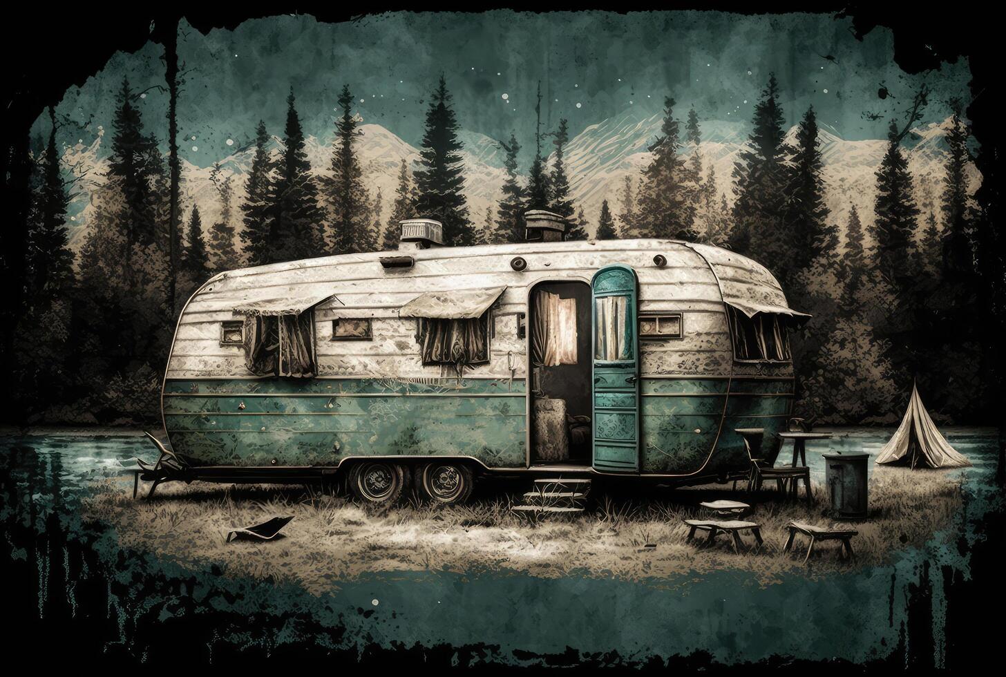 Old grunge design of camping van in the forest. photo