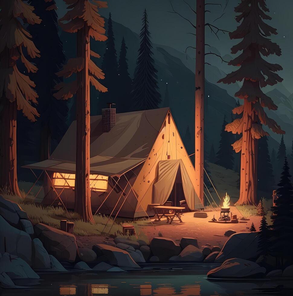 Tent in night forest landscape with campfire. photo