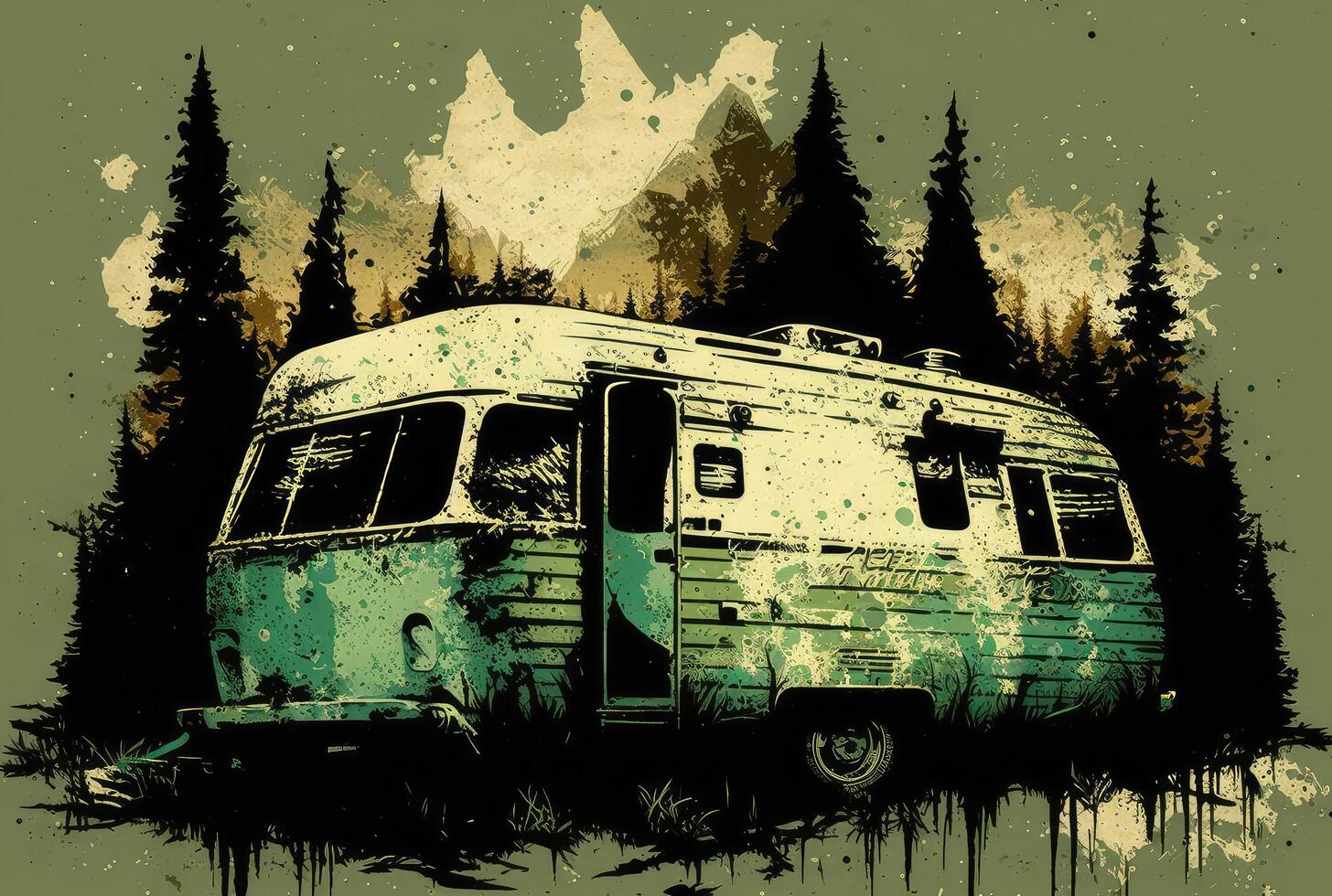 Old grunge design of camping van in the forest. photo