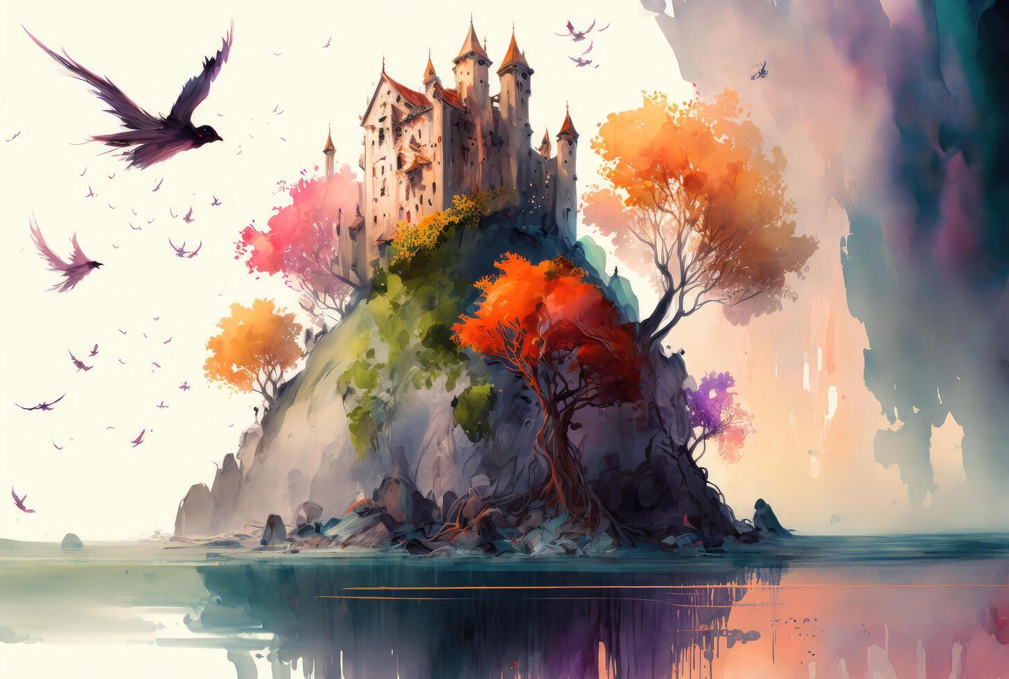 Colorful watercolor castle on the island. photo