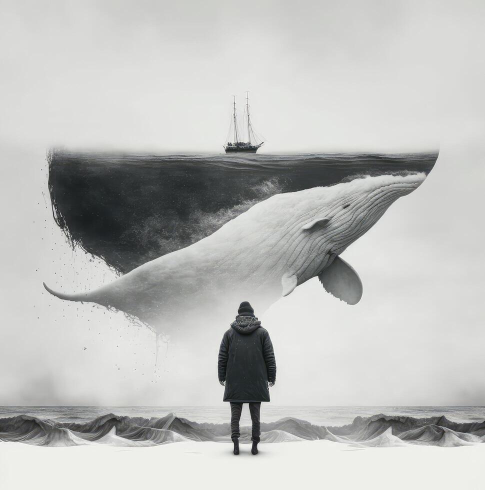 Winter sea concept whale, ship and man. photo