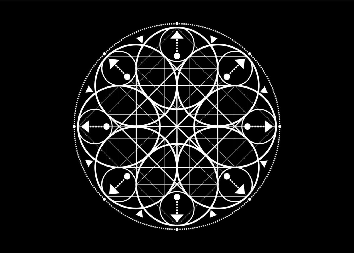 Sacred Geometry symbol. Logo icon Geometric mystic mandala of alchemy esoteric Flower of Life. Mystical arrows of fortune, white vector tattoo divine meditative amulet isolated on black background