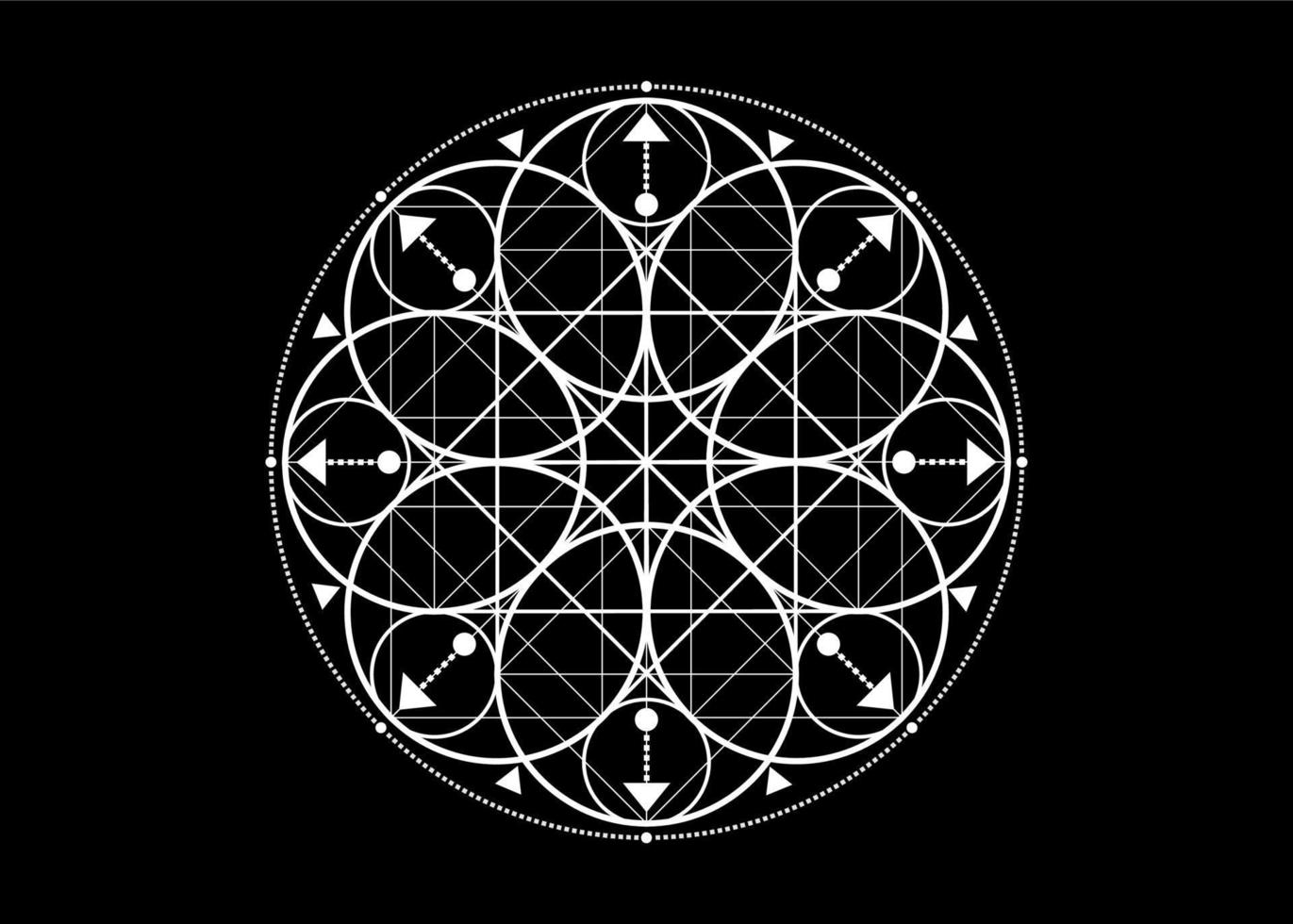 Sacred Geometry symbol. Logo icon Geometric mystic mandala of alchemy esoteric Flower of Life. Mystical arrows of fortune, white vector tattoo divine meditative amulet isolated on black background