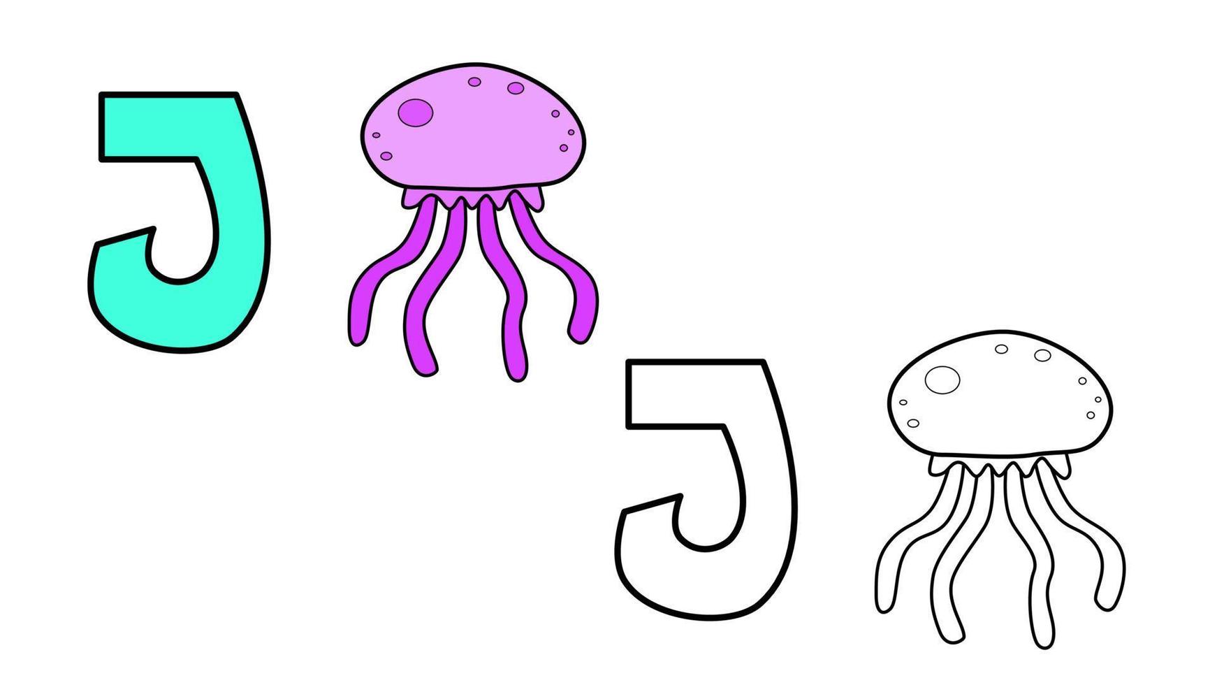 Cartoon Jellyfish and letter J coloring book vector illustration for children