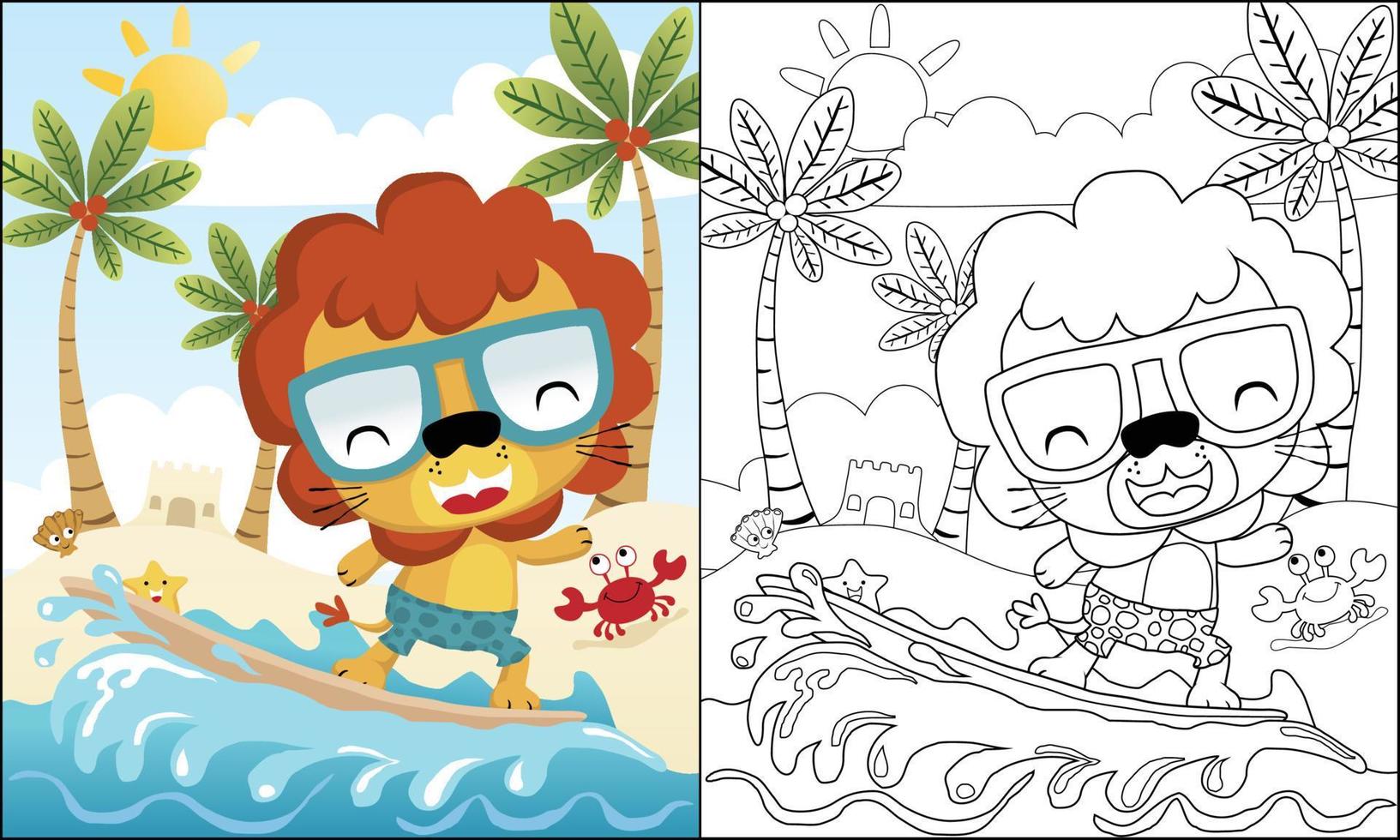 coloring book of cute lion cartoon surfing in the beach at summer holiday vector