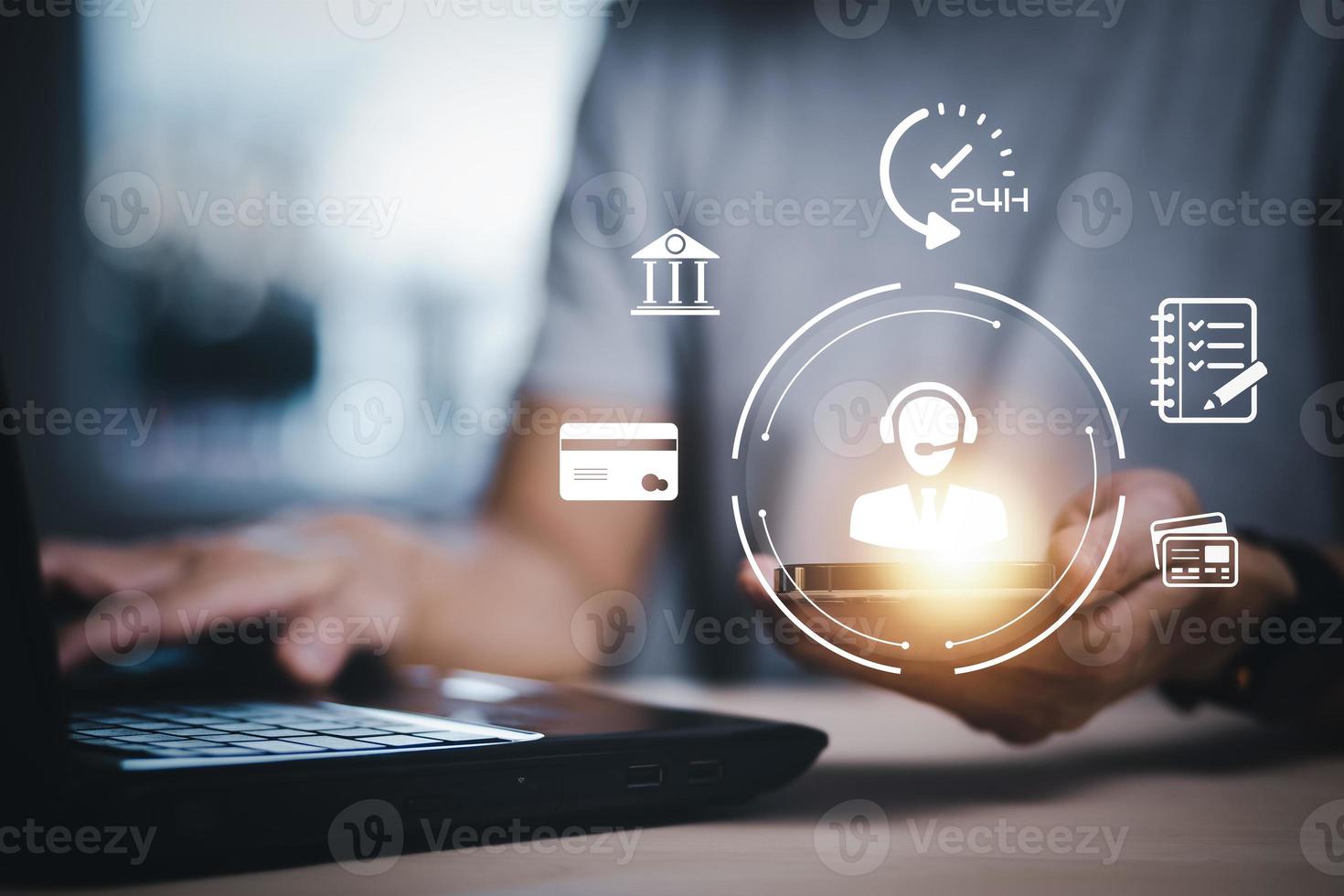 Communication and Contact us or Customer support hotline people connect. Hand using smartphone and touching on virtual screen contact icons, email, and address, live chat with internet wifi. photo