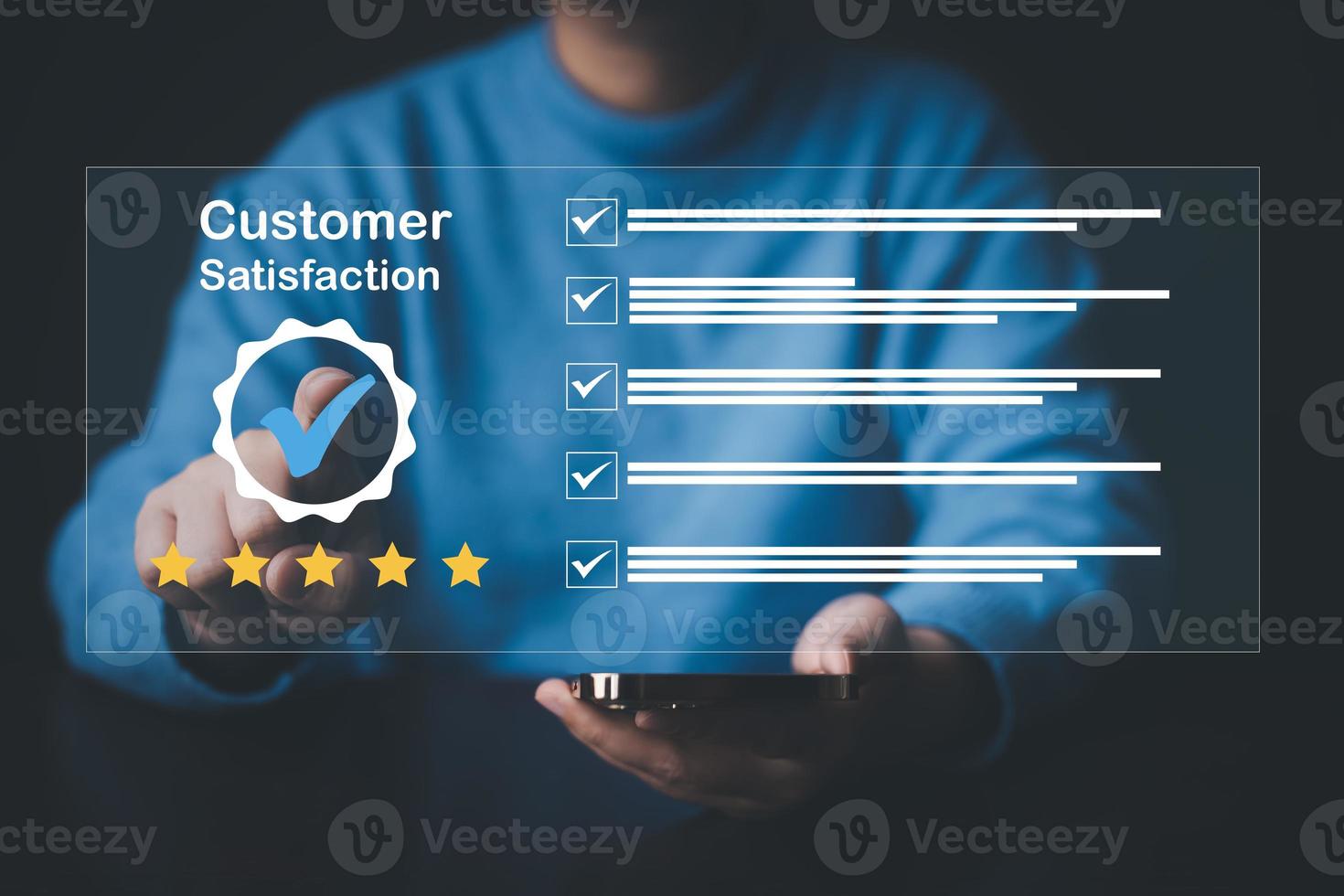 Hand Touch with Customer review satisfaction feedback survey concept, Users give a rating to service experience on the online application, service leading to reputation ranking photo