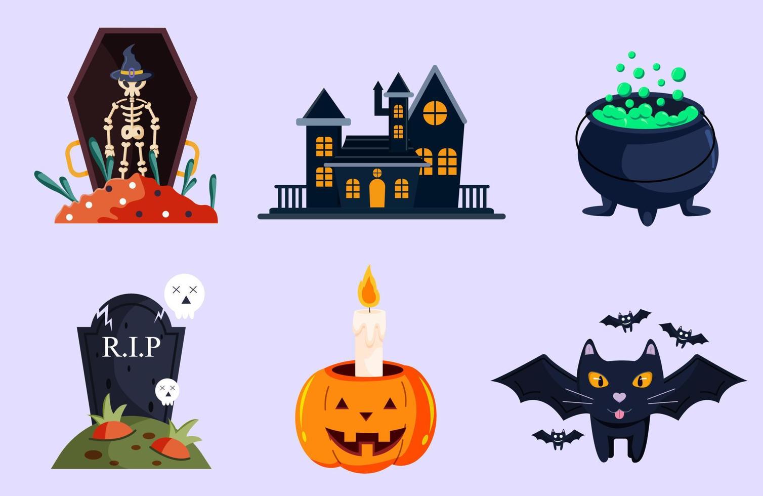 Halloween icons element vector set with tombstone, castle, candle in pumpkin lantern and black bats.