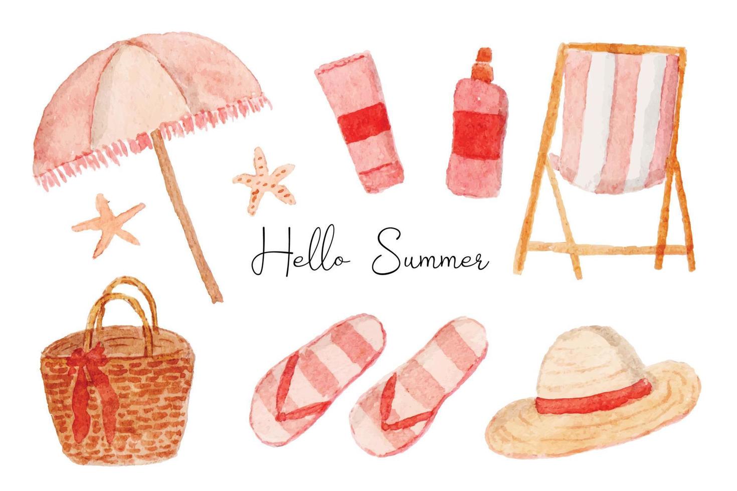 Aesthetic Summer Beach Accessories Element Watercolor vector