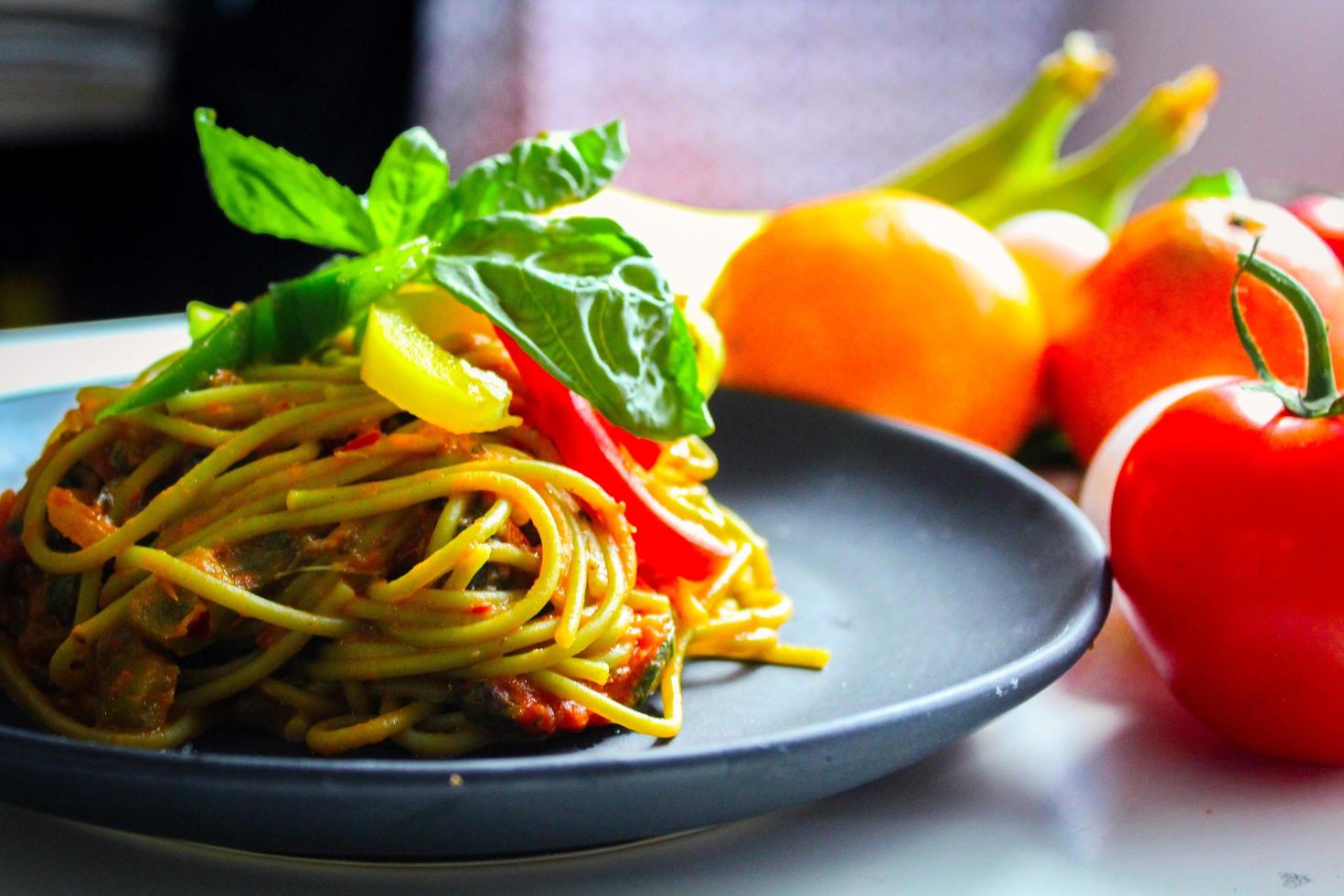 Yummy egg mixed spaghetti photo