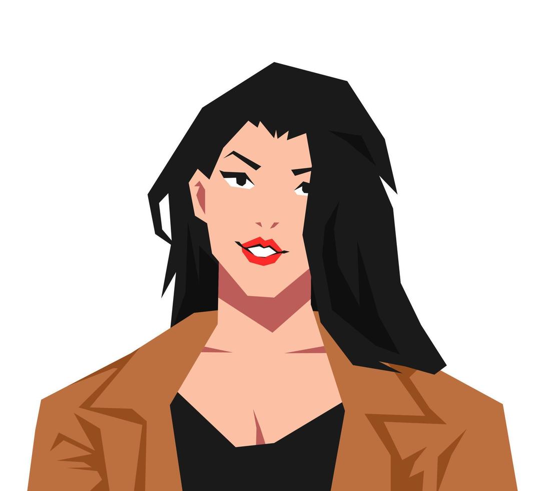 cartoon face portrait of beautiful woman character. long black hair. red lips. wearing modern clothes. concept of beauty, woman, fashion. vector illustration.