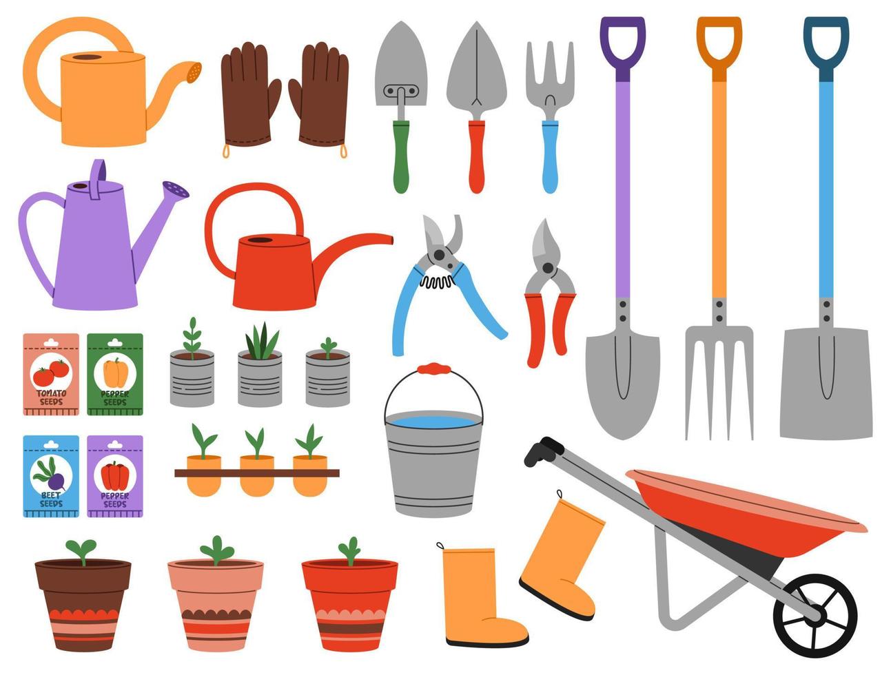 Big collection of garden tools isolated on white background. Watering can, seeds, pots, shovel, pitchfork, gloves, wheelbarrow and other. Concept of spring work. vector
