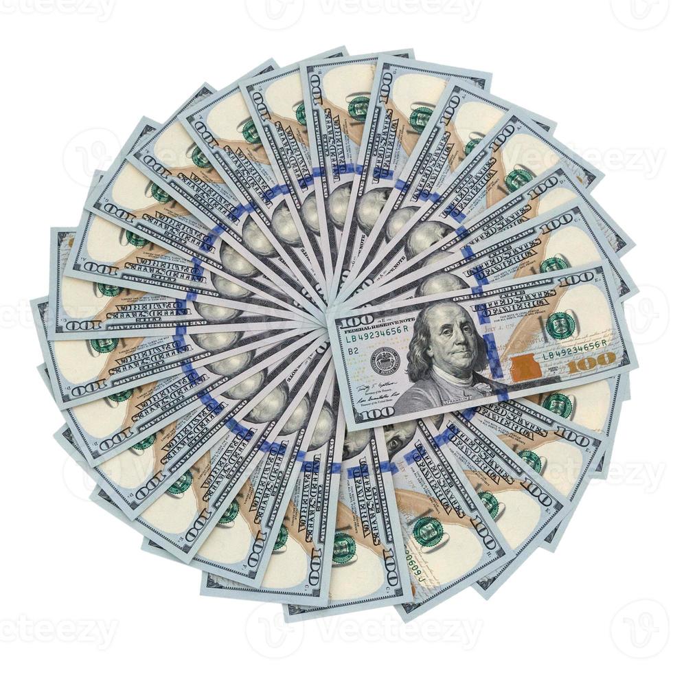 circle of fan-shaped dollars isolated on white photo