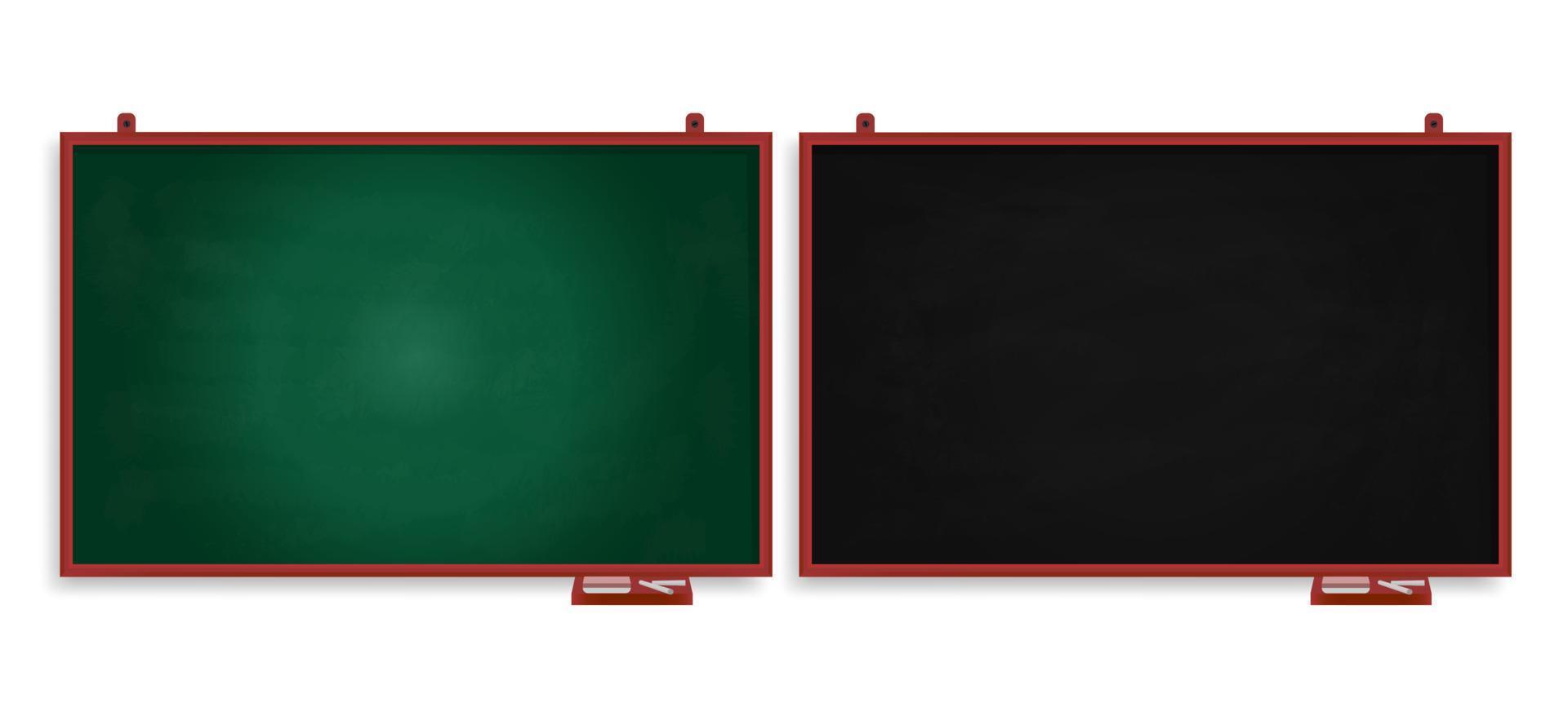 realista conjunto de verde pizarra y negro pizarra vector ilustración. pizarra de madera marco colección con tiza y borrador en blanco antecedentes