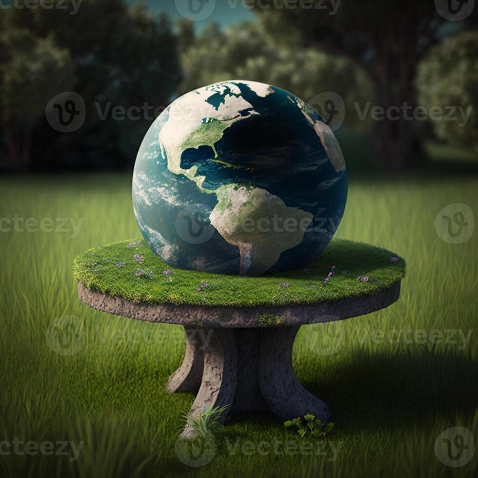 illustration of planet earth on the table and grass,globe on the table grass, photo