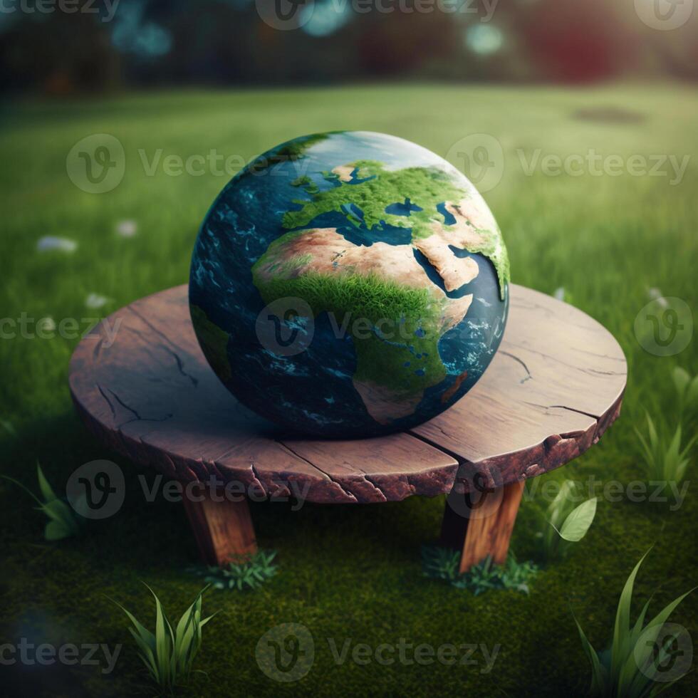 illustration of planet earth on the table and grass,globe on the table grass, photo