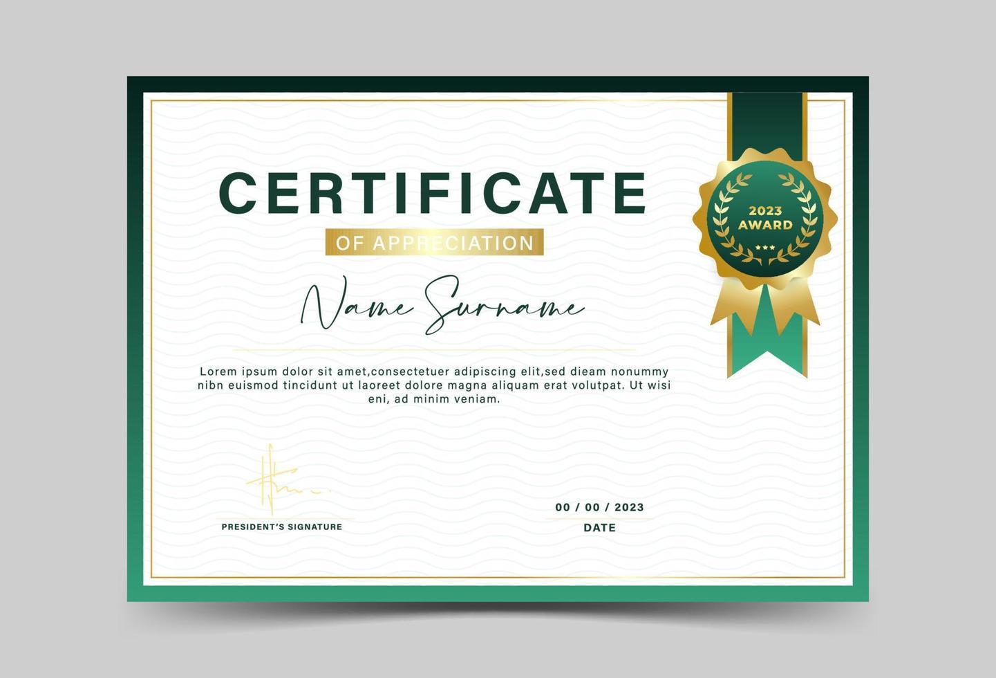 Modern minimalist certificate, fancy green gradient, company name, combined with gold color. vector