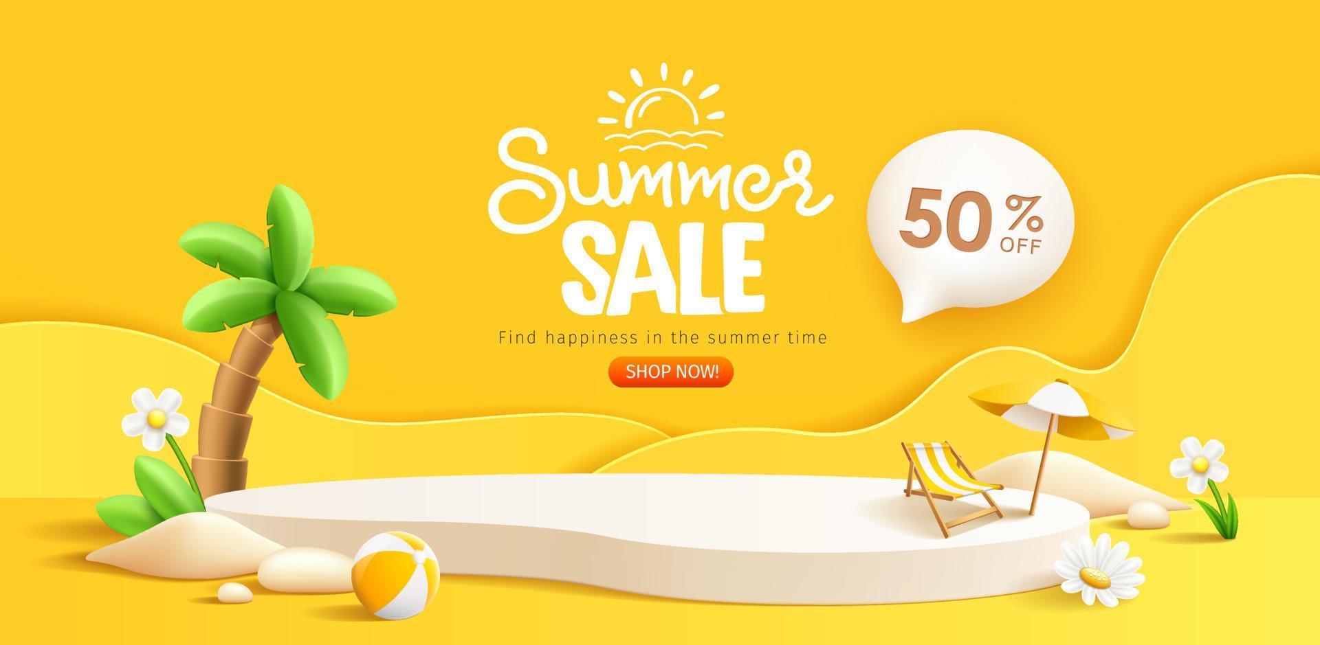 Summer sale podium display, pile of sand, flowers, beach umbrella, beach chair and beach ball, speech bubble space banner design, on yellow background, EPS 10 vector illustration