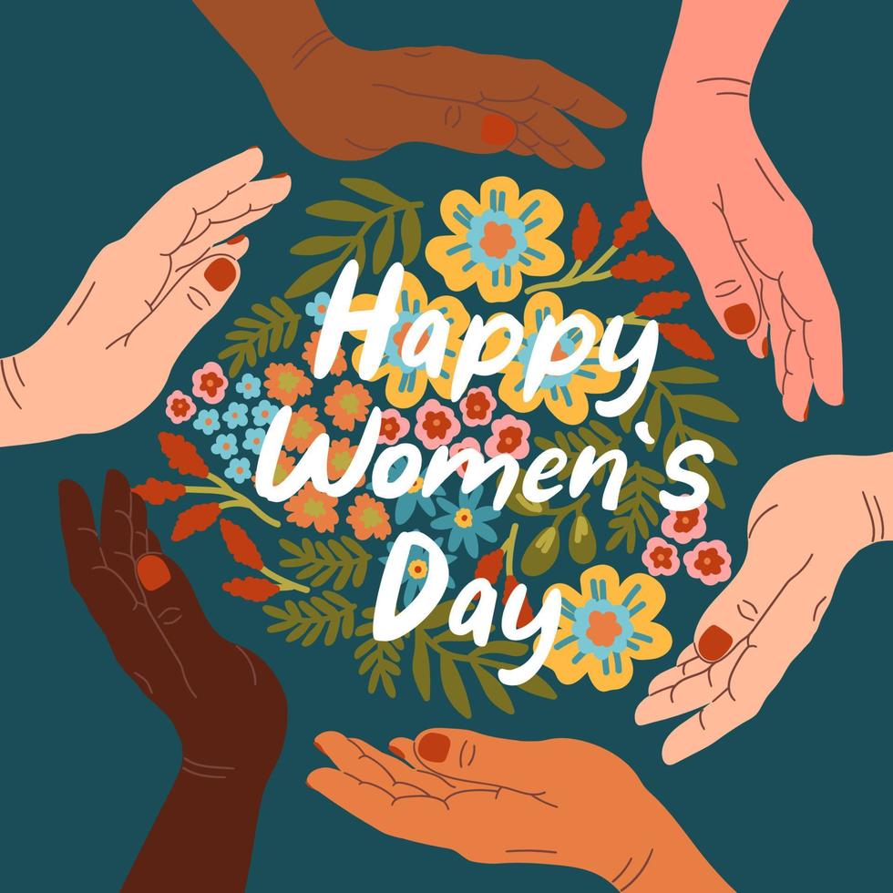 Happy International Women's Day March 8. Cute card poster for the spring holiday. Vector illustration of a date, a women hands and flowers