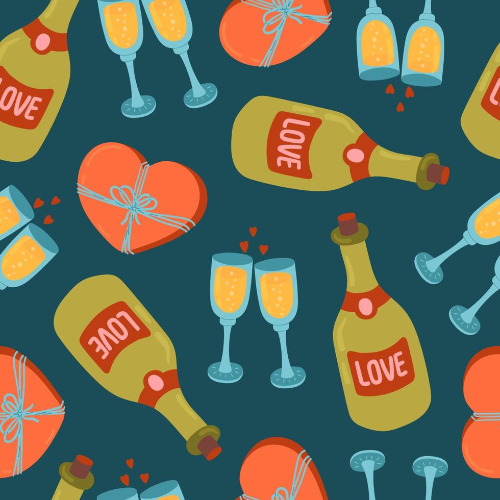 Bottle of wine or champagne, Two clinking glasses, Heart shaped candy box of chocolates for valentine's day vector seamless pattern. Celebration Cheers and toast texture