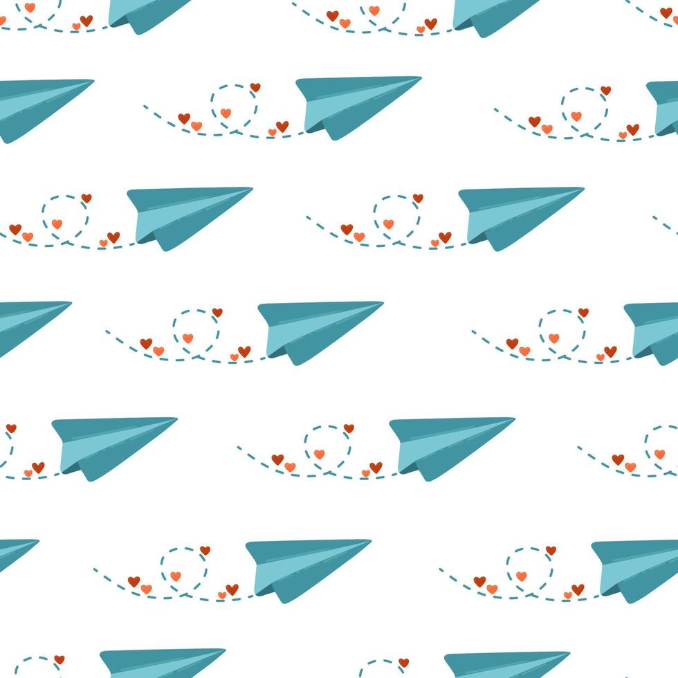 Flying paper airplane with flight air trace and hearts. Love message , Valentine's Day vector seamless pattern.