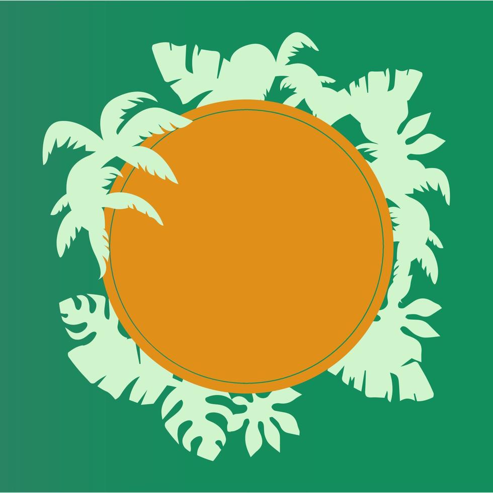 Tropical frame with palm trees on green background for menu cover, card, banner, webpage, advertising.  Template with space for text. Vector flat illustration.