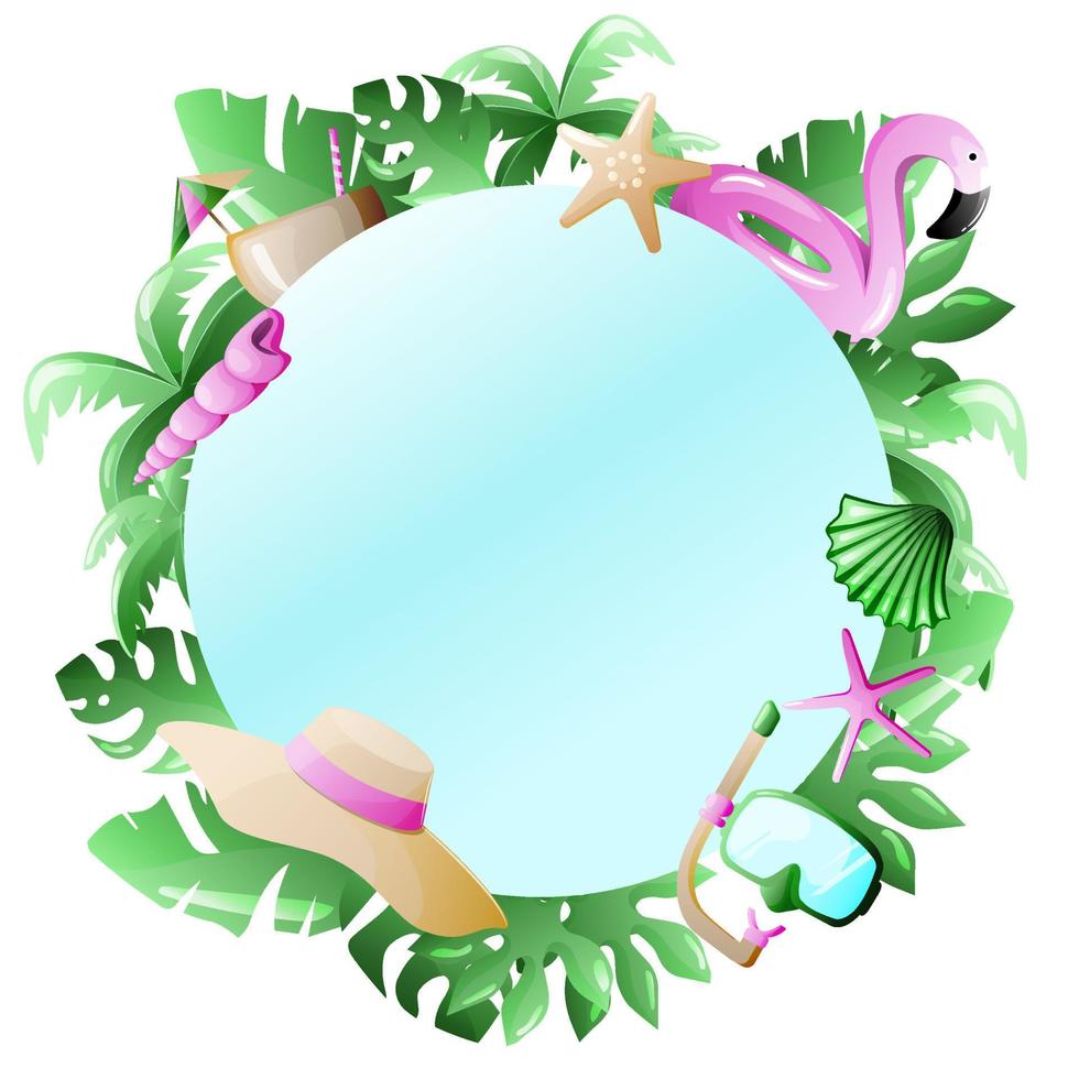 A round tropical frame with a palm leaf and a hat and a starfish on it. Template with space for text or logo for menu cover, flyer, banner, advertising. vector