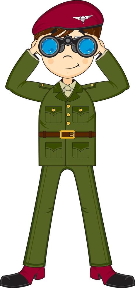 dibujos animados Ejército paracaidista soldado con prismáticos militar historia ilustración vector