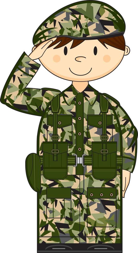 Cartoon Saluting Army Soldier in Khaki Green Camouflage Military History Illustration vector