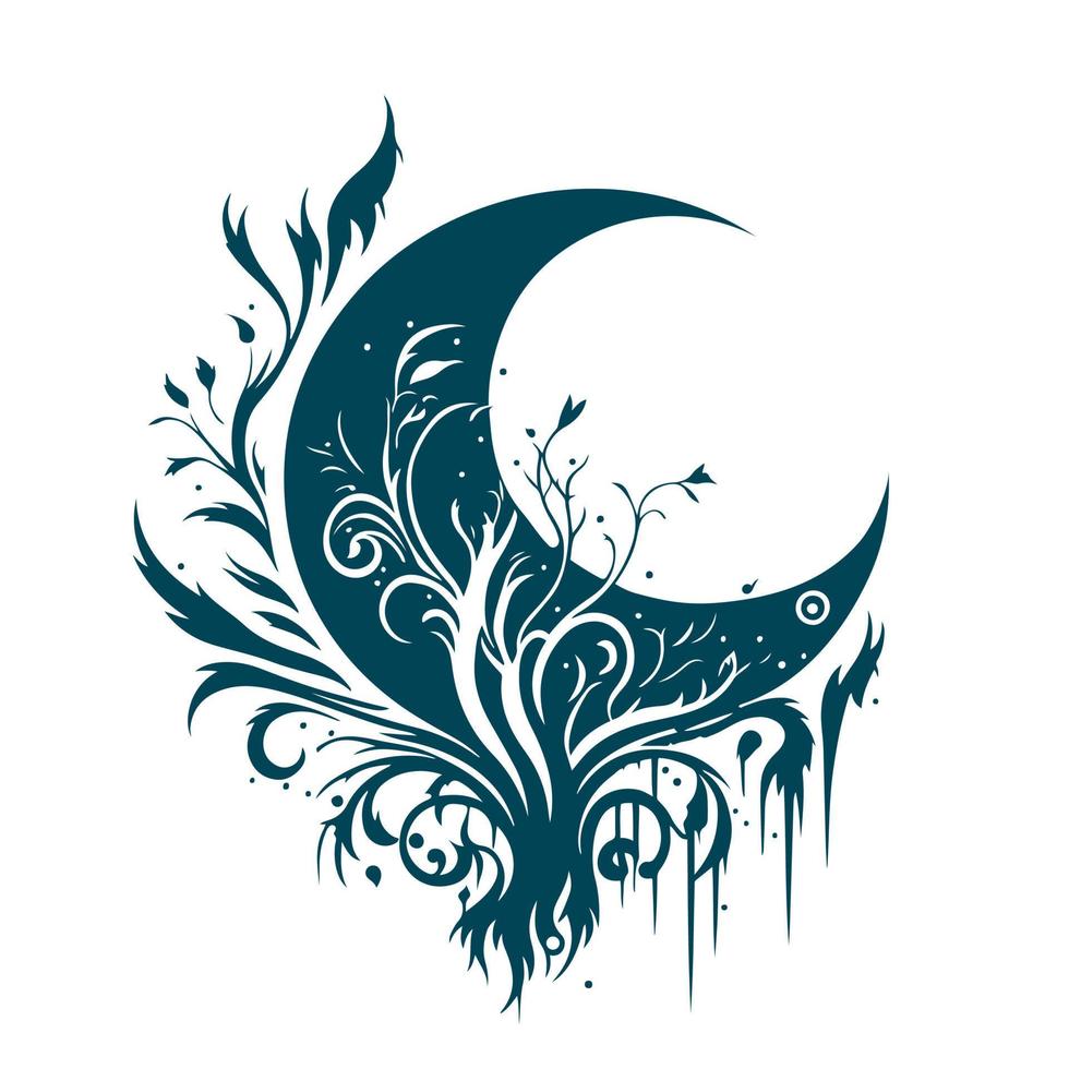 Vintage-style ornamental crescent moon vector illustration, ideal for use in astrology, spirituality, and celestial-themed designs, isolated on white background.